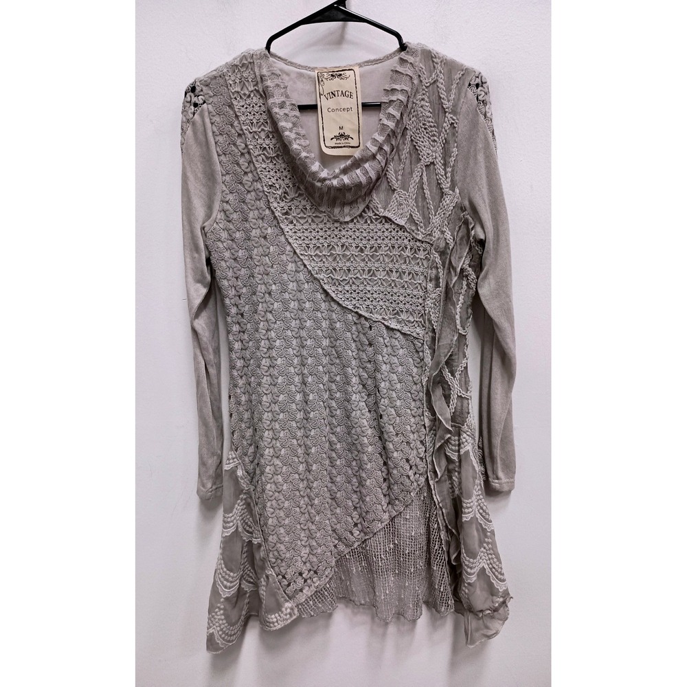 Vintage Concept Tunic Top Womens M Gray Boho Lace Crochet Cowl Neck Long Sleeve
